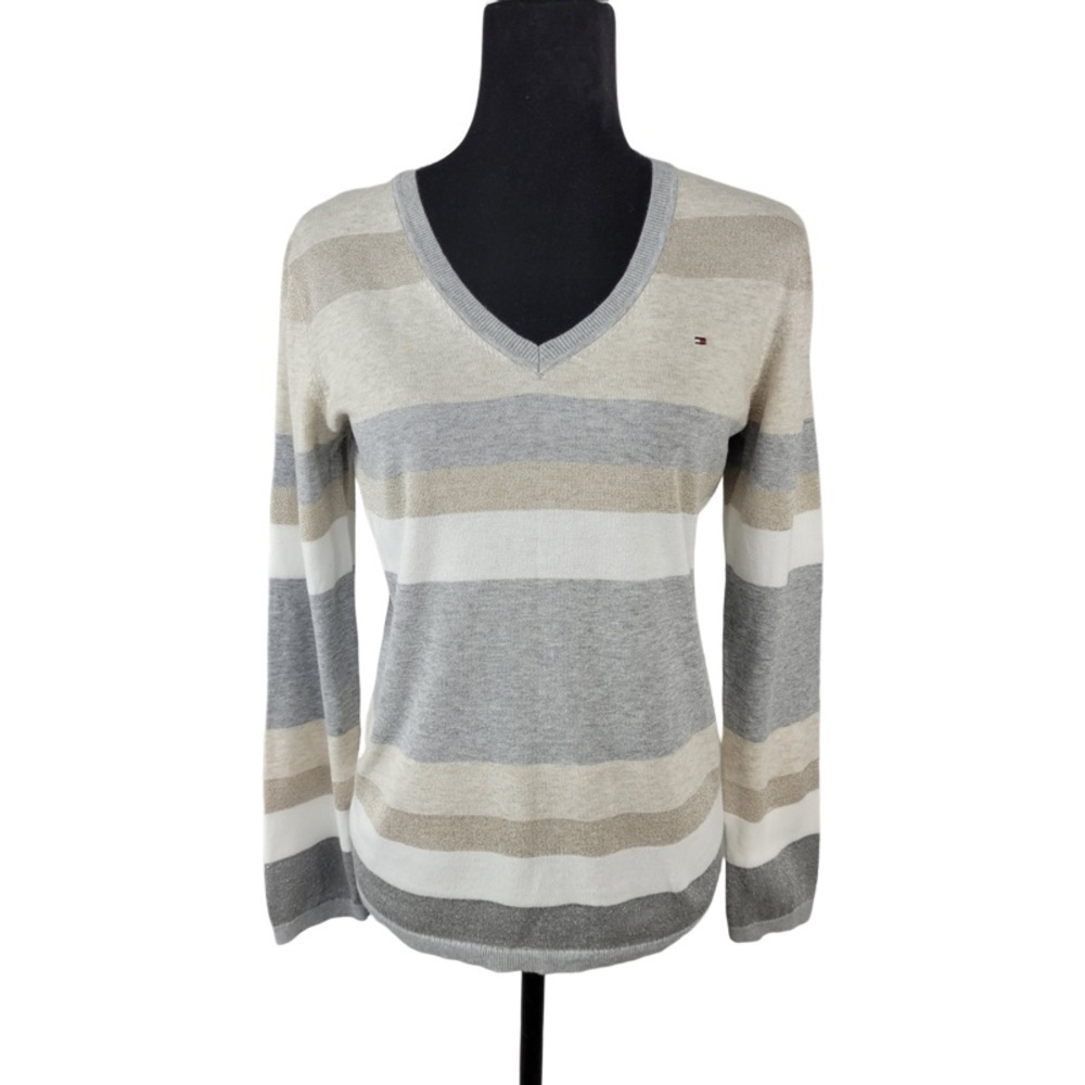 ✅ Tommy Hilfiger Woman’s V-neck pullover sweater striped cream tan color size M